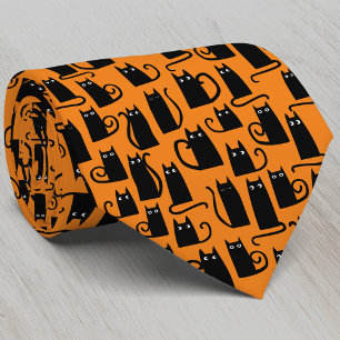 Black Cat Halloween Orange Tie