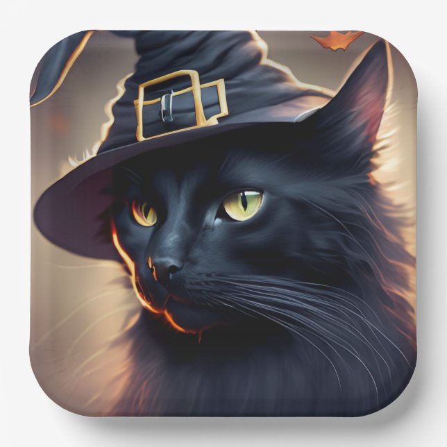 Black Cat Halloween Paper Plate (Front)