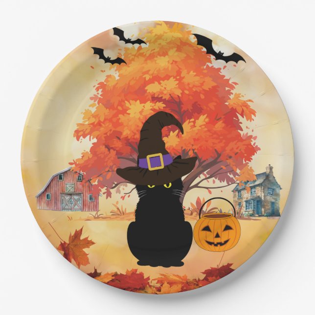 Black Cat Halloween Paper Plates (Front)