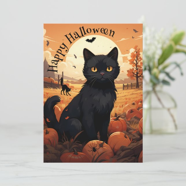 Black Cat Halloween Party Invitation (Standing Front)