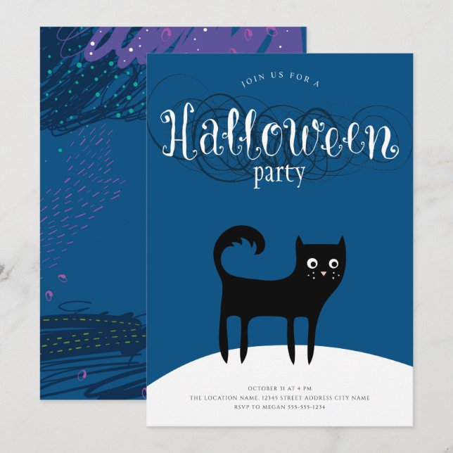 Black Cat Halloween Party Invitations (Front/Back)