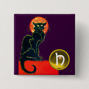 BLACK CAT HALLOWEEN PARTY MONOGRAM 15 CM SQUARE BADGE