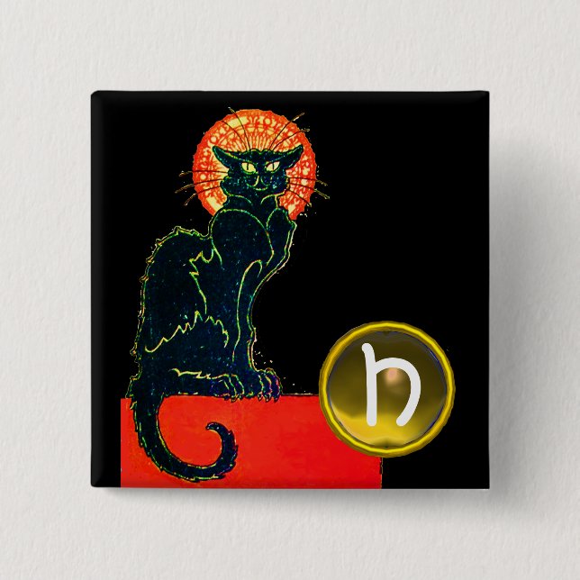 BLACK CAT HALLOWEEN PARTY MONOGRAM 15 CM SQUARE BADGE (Front)