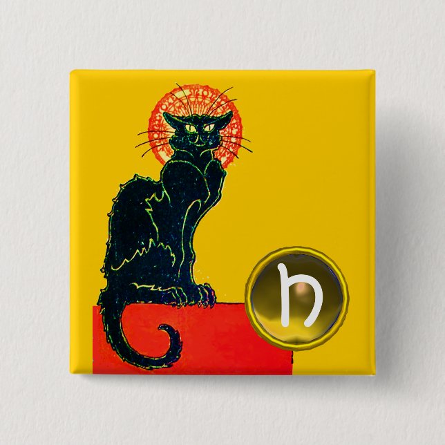BLACK CAT HALLOWEEN PARTY MONOGRAM 15 CM SQUARE BADGE (Front)