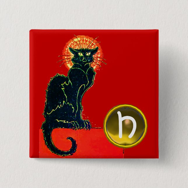 BLACK CAT HALLOWEEN PARTY MONOGRAM 15 CM SQUARE BADGE (Front)
