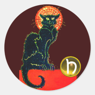 BLACK CAT HALLOWEEN PARTY MONOGRAM CLASSIC ROUND STICKER