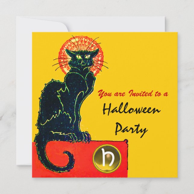 BLACK CAT HALLOWEEN PARTY MONOGRAM Gold Invitation (Front)