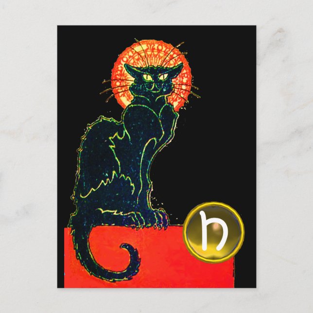 BLACK CAT HALLOWEEN PARTY MONOGRAM INVITATION POSTCARD (Front)