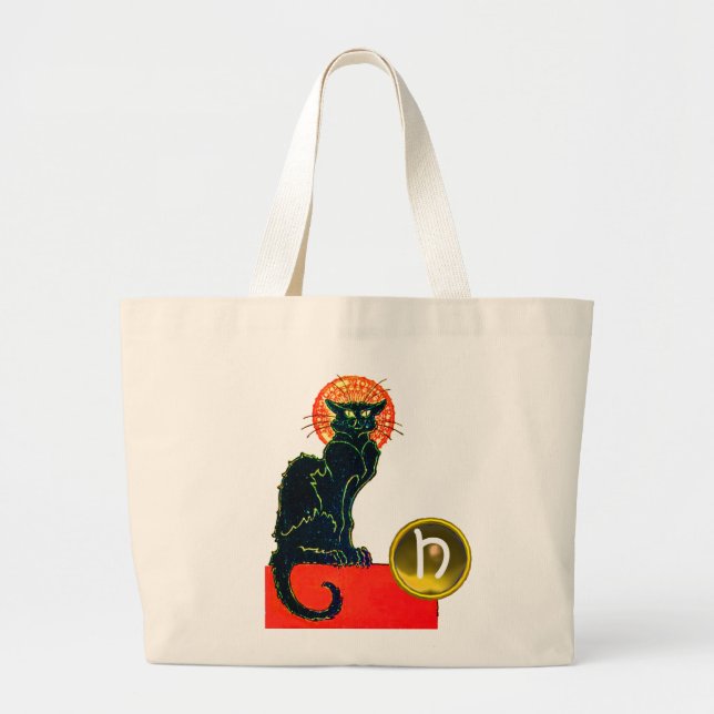 BLACK CAT HALLOWEEN PARTY MONOGRAM LARGE TOTE BAG (Front)