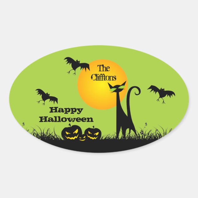 Black Cat Halloween Party Oval Sticker (Front)