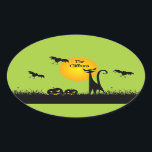 Black Cat Halloween Party Oval Sticker<br><div class="desc">Bats in the sky fly above a green-eyed black cat and leering jack o' lantern on these Halloween party oval stickers. MATCHING items in our store.</div>