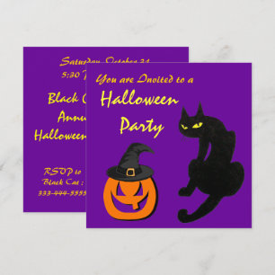 BLACK CAT HALLOWEEN PARTY Purple Invitation