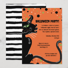 Black Cat Halloween Party Spooky Whimsical Orange  Invitation