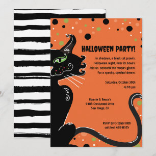 Black Cat Halloween Party Spooky Whimsical Orange  Invitation