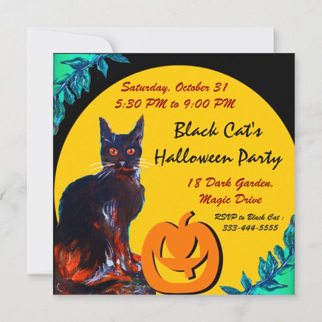 BLACK CAT HALLOWEEN PARTY,yellow Invitation (Back)