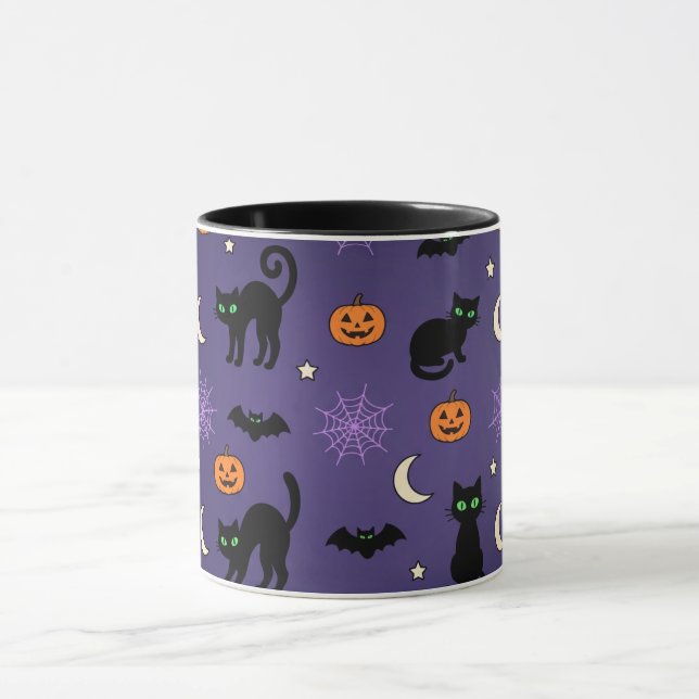 Black Cat Halloween Pattern Mug - Cute & Spooky (Center)