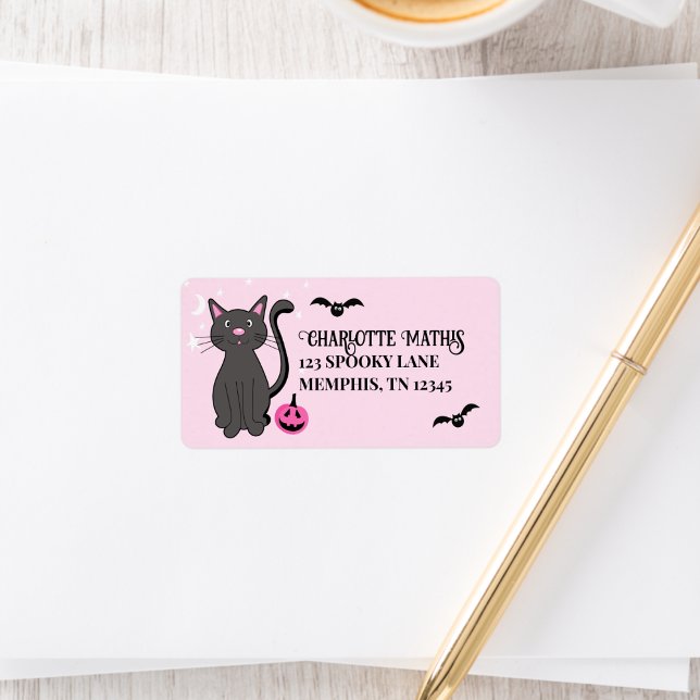 Black Cat Halloween Pink Pumpkin Bats Girly Label (Creator Uploaded)