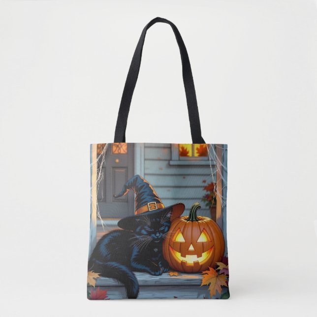 Black Cat Halloween Pumpkin Carving Party Tote Bag (Front)