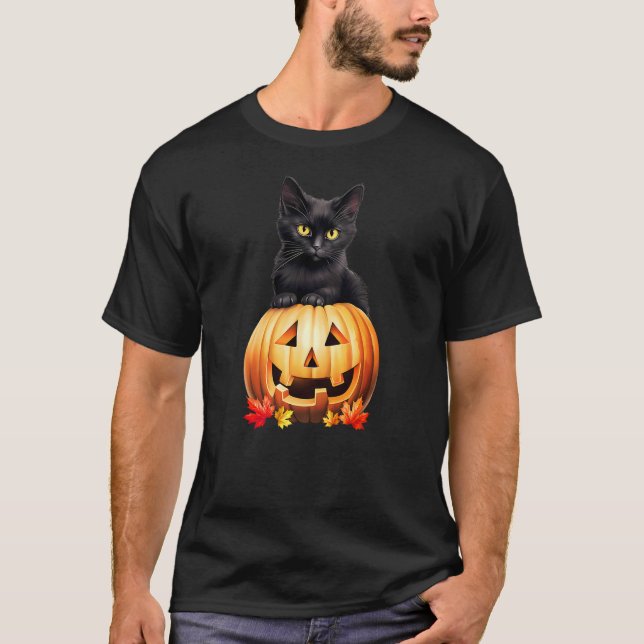 Black Cat Halloween Pumpkin Costume T-Shirt (Front)