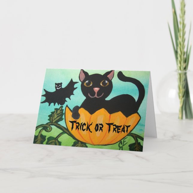 Black Cat Halloween Pumpkin Greeting Card (Front)