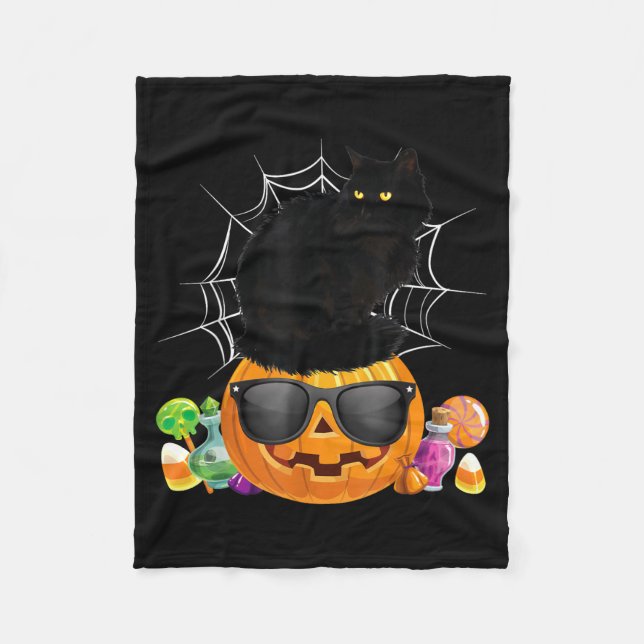 Black Cat Halloween Pumpkin Jack O Lantern Cat Fleece Blanket (Front)