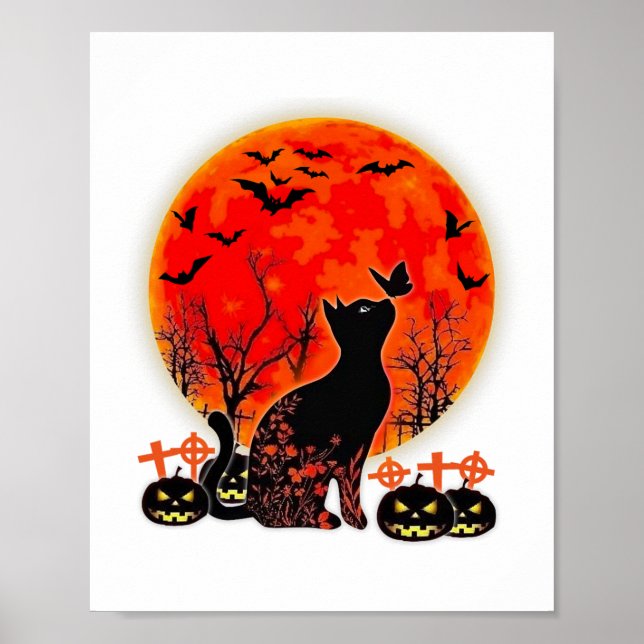 Black Cat Halloween Pumpkin Moon Spooy  Poster (Front)