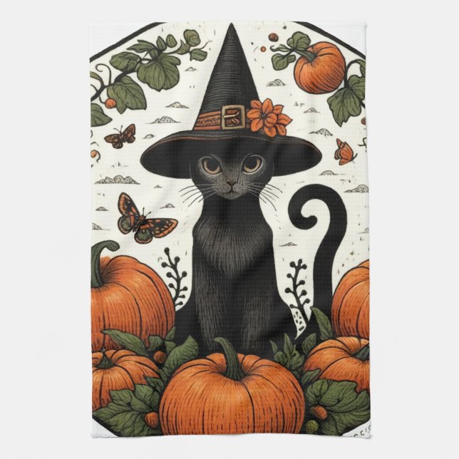 Black Cat Halloween Pumpkin Patch                  Tea Towel (Vertical)