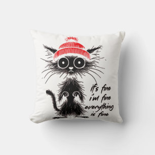 Black Cat Halloween red beanie It's Fine I'm Fine  Cushion