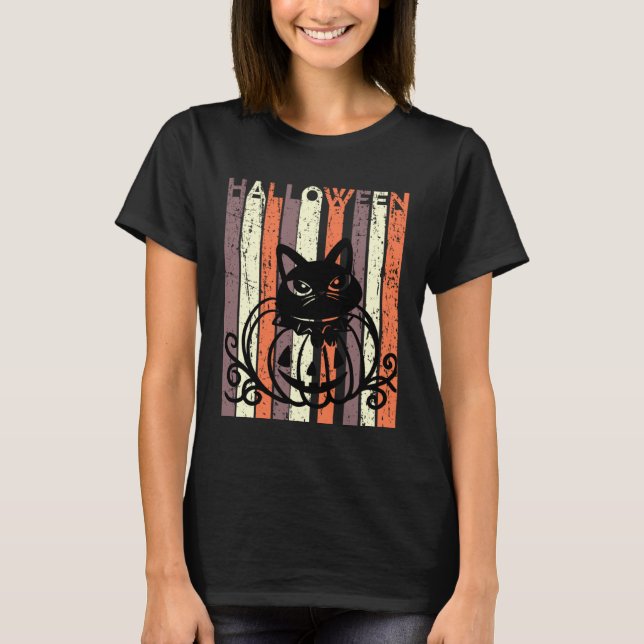 Black Cat Halloween Retro Distressed Goth Pumpkin  T-Shirt (Front)
