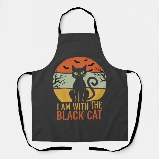 Black Cat Halloween Retro Sunset Design Apron (Front)