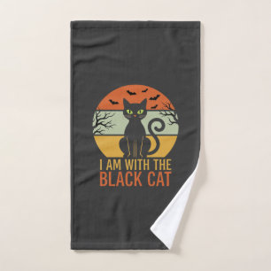 Black Cat Halloween Retro Sunset Design Hand Towel