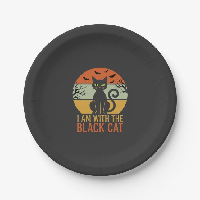 Black Cat Halloween Retro Sunset Design Paper Plate (Front)