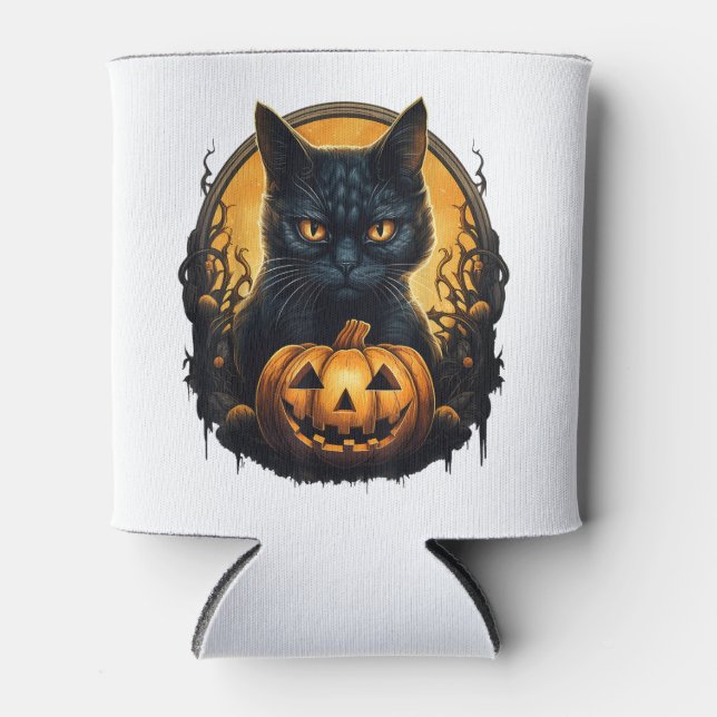 Black Cat Halloween Scary Pumpkins Moon Black Cat Can Cooler (Front)