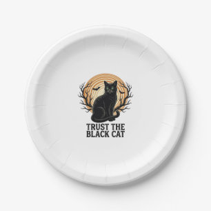 Black Cat Halloween Shirt Vintage Spooky Moon Cat  Paper Plate
