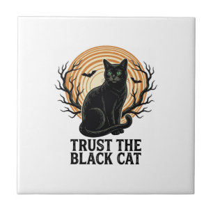 Black Cat Halloween Shirt Vintage Spooky Moon Cat  Tile
