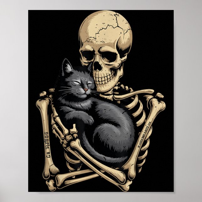 Black Cat Halloween Skeleton Hugging Cat Funny Poster (Front)