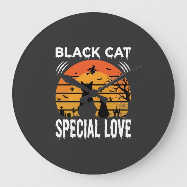 Black Cat Halloween Special Love Gothic Design Large Clock (Front)