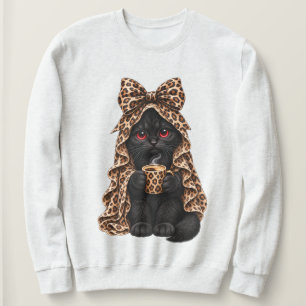 Black Cat Halloween Spooky Kitty in Leopard Coque Sweatshirt