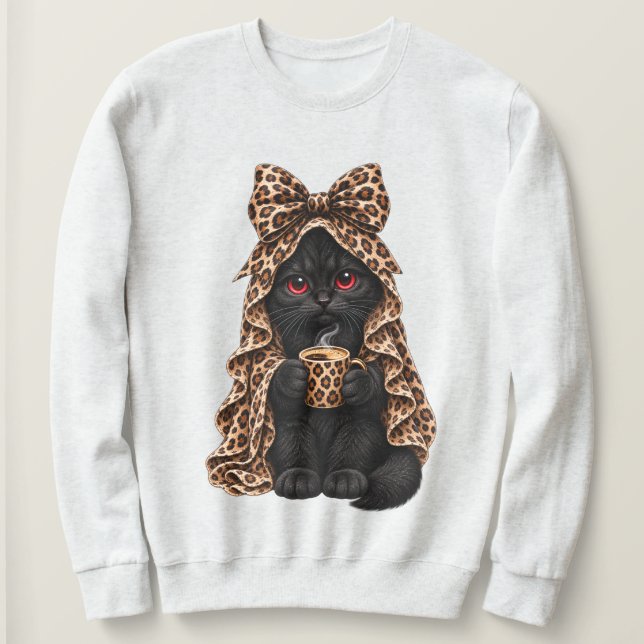 Black Cat  Halloween Spooky Kitty in Leopard Coque Sweatshirt (Design Front)