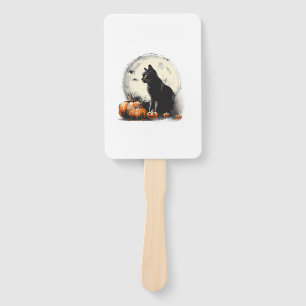 Black Cat Halloween Spooky Moon Artwork Pumpkin Sp Hand Fan