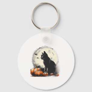 Black Cat Halloween Spooky Moon Artwork Pumpkin Sp Key Ring