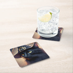 Black Cat Halloween Square Paper Coaster