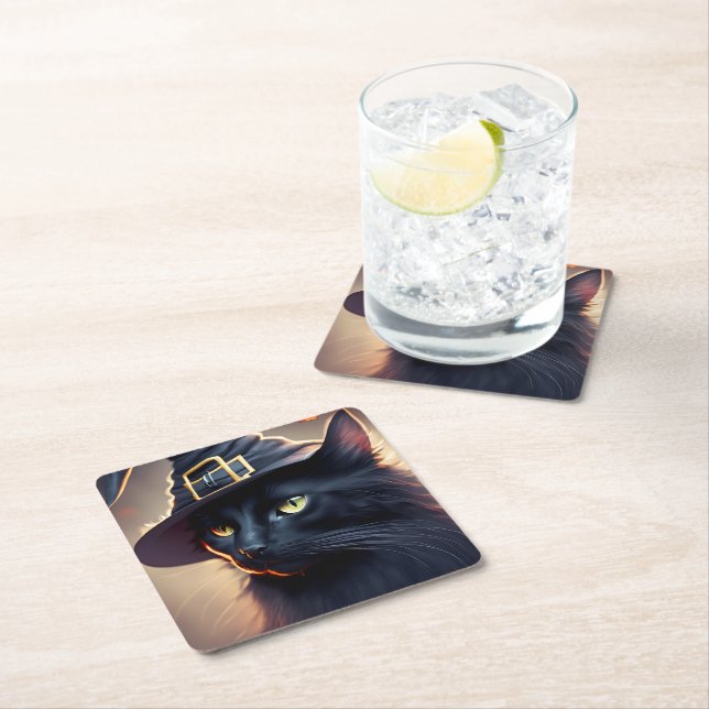 Black Cat Halloween Square Paper Coaster (Insitu)