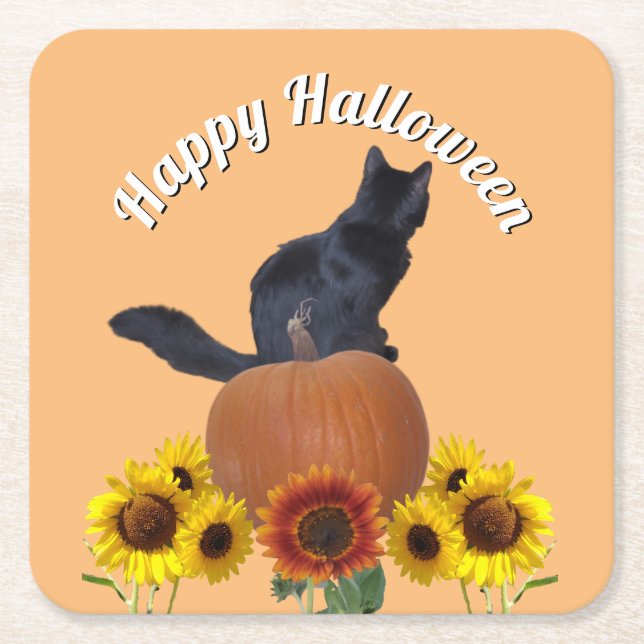  Black Cat Halloween Sunflowers Pumpkins Orange  Square Paper Coaster (Front)