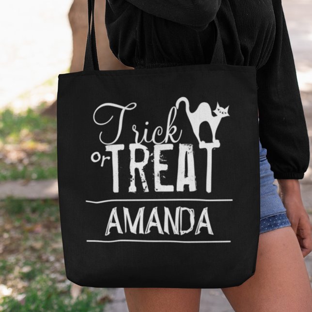Black Cat Halloween Trick or Treat Custom Tote Bag (Halloween Black Cat Black and White Trick or Treat Tote Bag.)