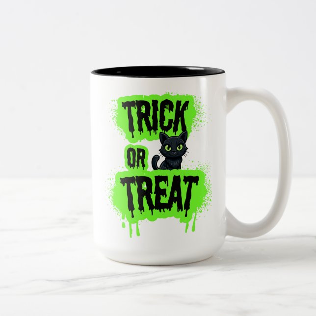 Black Cat Halloween Trick or Treat Neon spooky gif Two-Tone Coffee Mug (Right)