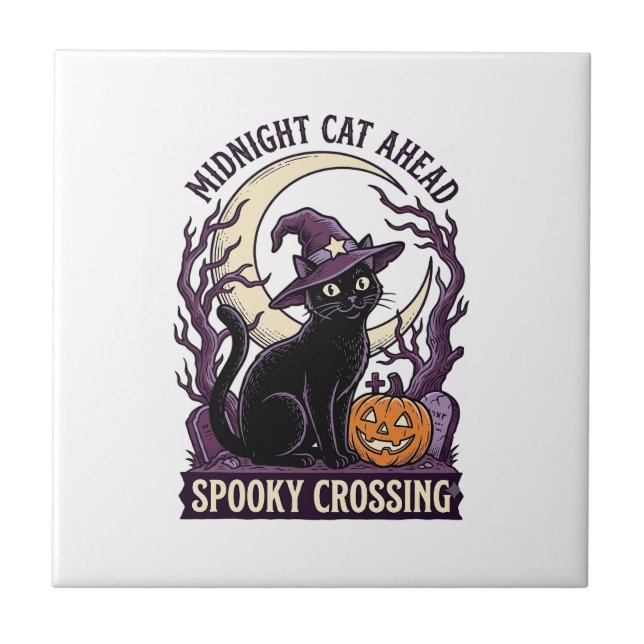Black Cat Halloween Vintage Engraving Pumpkin Cat  Tile (Front)