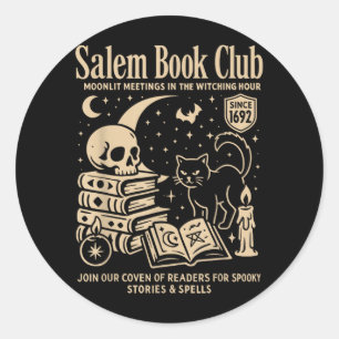 Black Cat Halloween Witch Book Club Design Classic Round Sticker