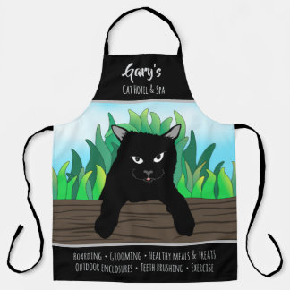 Black cat hanging on fence, Business theme, Large Apron