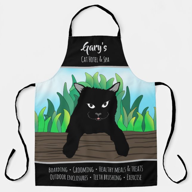Black cat hanging on fence, Business theme, Large Apron (Front)